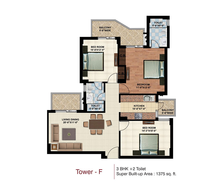 3 BHK 1375 sqft
